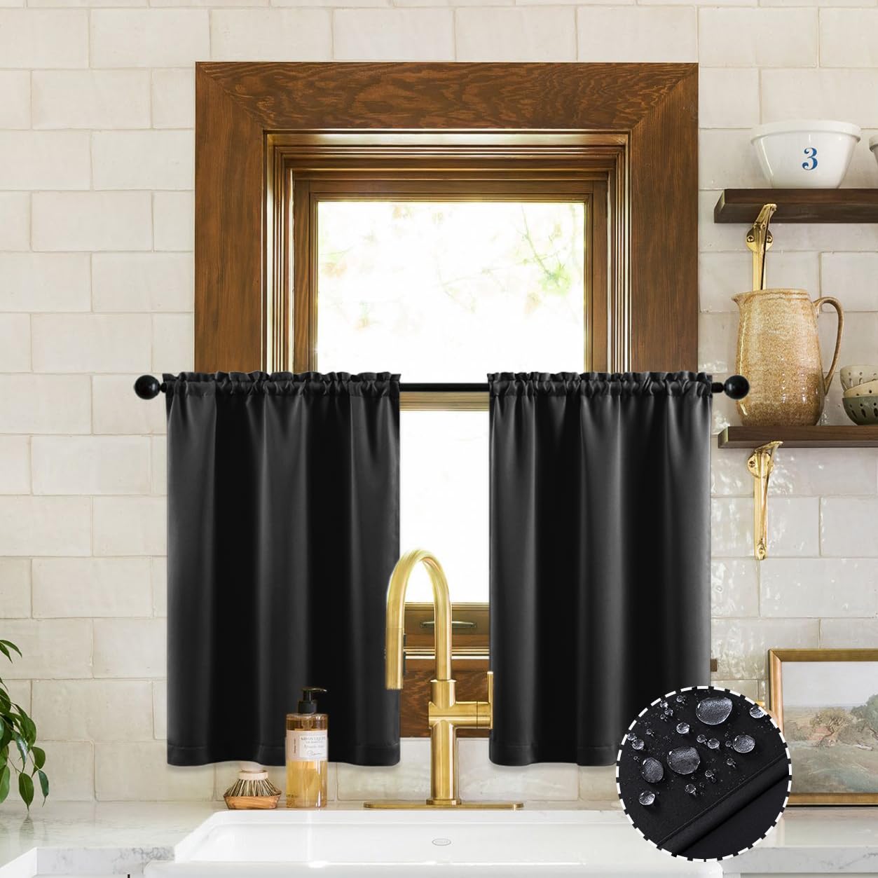 XTMYI Waterproof Fabric 30 Inch Curtains for Bathroom Kitchen Window,Mini Shower Small Short Blackout Tier Curtain Panels,Set of 2,60 Inch Wide,Black