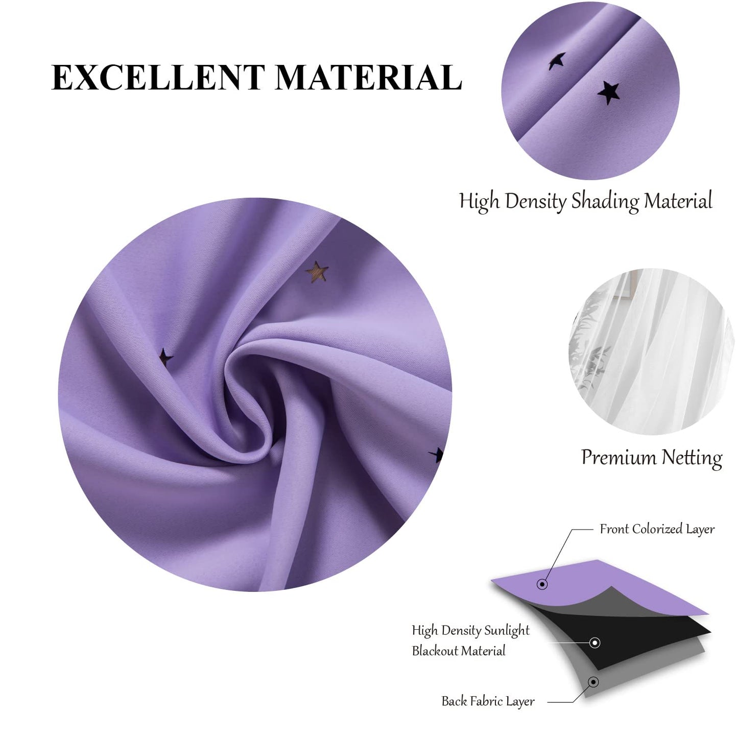 Loyala Stars Curtains for Kids, Double Layer Curtains, Blackout Curtains for Bedroom, Kids Curtains, Cute Curtains, Kids Blackout Curtains, Set of 2 Panels, Purple Curtains, 52 X 63 Inches