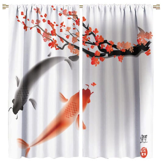 Japanese Style Curtains, Koi Fish Swimming Cherry Blossom Branch Design, Bedroom Living Room Decorative Room Noise Reduction Darkening, 2 Sets of Panels, 42x45 in. Orange Gray