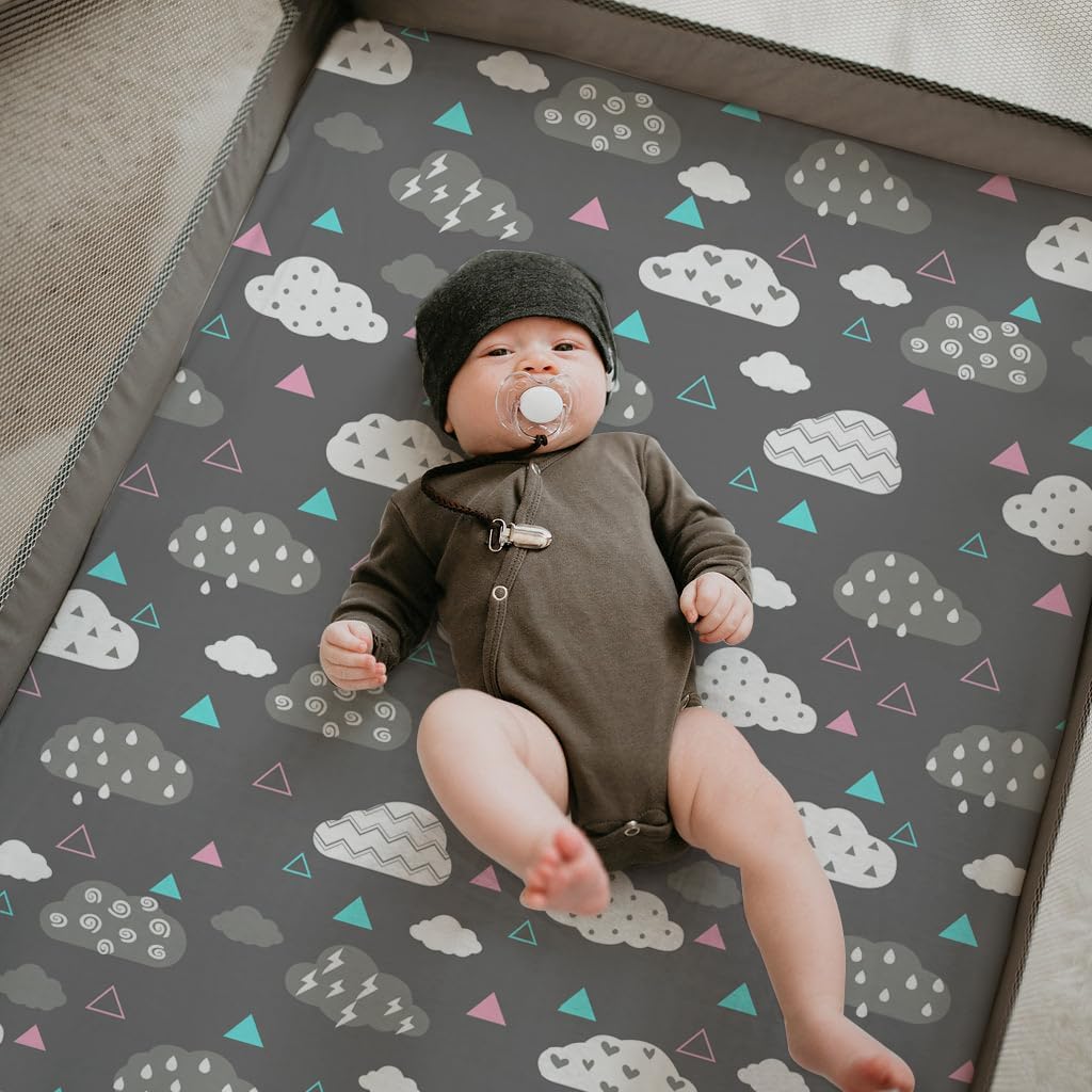 Stretchy Pack and Play Fitted Sheets: 2 Pack Mini Crib Sheets 38x26 - Soft Cozy Material - Fits Most Playards and Travel Playpens, Pack n Play, Nursery Daycare Bedding Essentials, Whale Cloud Print