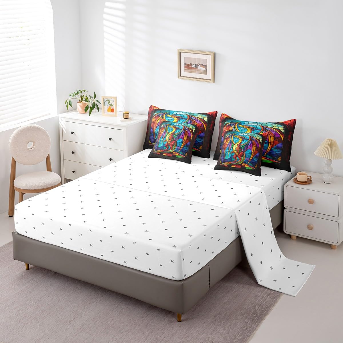 Erosebridal Western Dragon Bed in A Bag with Sheets Exotic Boho Style Dragon Twin Comforter Set 7 Piece Fantasy Dragon Bedding Set for Kids Boys Teen Men Magical Wildlife Animal Bed Set