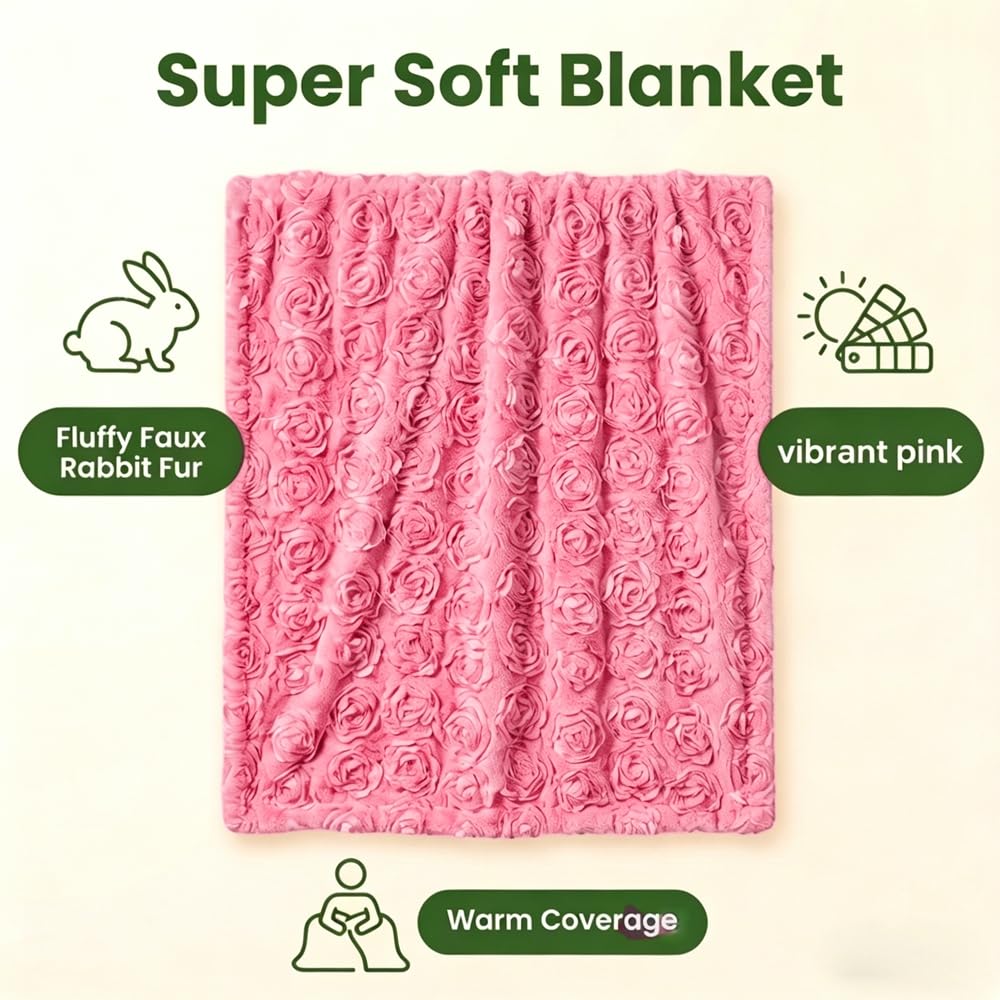 Double-Sided Faux Rabbit Fur Throw Blanket with 3D Rose Embroidery - Ultra Soft, Warm, and Luxurious for Couch, Bed, or Sofa (Pink,Twin (51" x 63"))