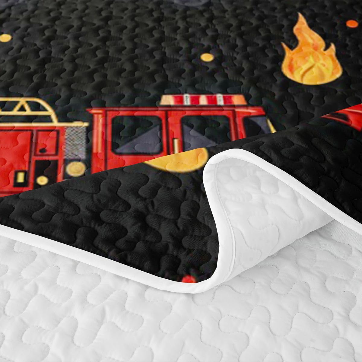 Erosebridal Fire Truck Quilt Set Twin Size Black and Red Bedspread Set Cartoon Red Firemen Car Quilts for Kids Boys Teens Adults Fire Engine Quilt Bedding, Lightweight