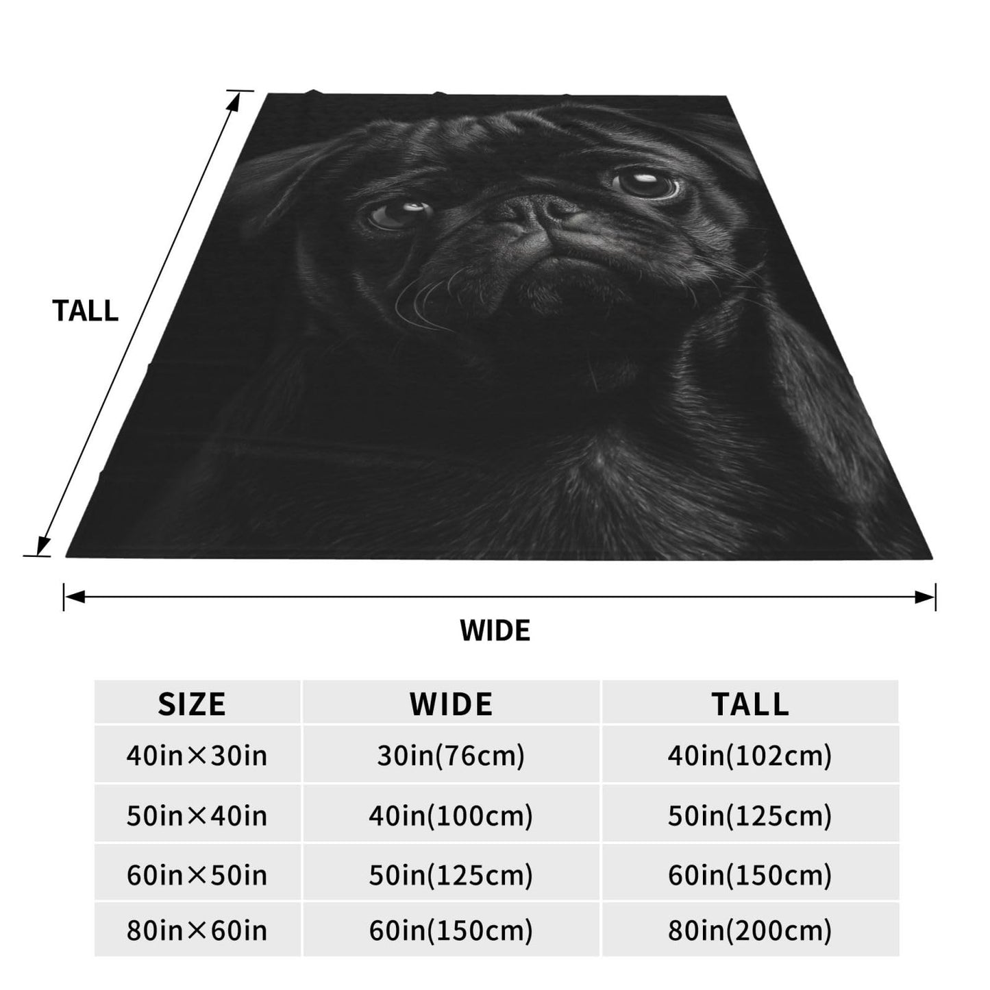 TZJCCMAY Black Pug Blanket for Women, Cute Dog Throw Blankets Soft Lightweight Flannel Throws for Bed Sofa Home Decor, Gifts for Girls Kids, 50x60in