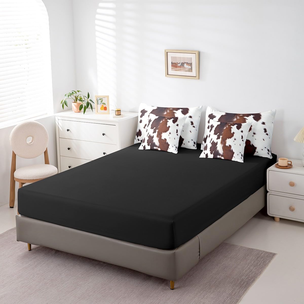 Erosebridal Cute Cowhide King Bed in A Bag 7 Piece for Teens Cow Print Western Comforter Set with Sheet Black Brown Cow Spots Bedding Set for Boys Adult Women Farm Animal Skin Bedding Comforter Set