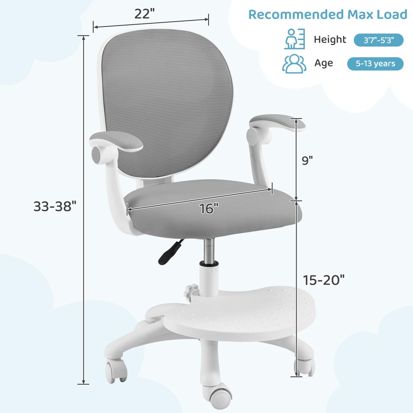 HOMMOW Kids Desk Chair,Ergonomic Kids Study Chairs with Adjustable Height,Breathable Mesh Removable,Non-Slip Footrests,Suitable for Children Aged 5-12 Years Old,Gray