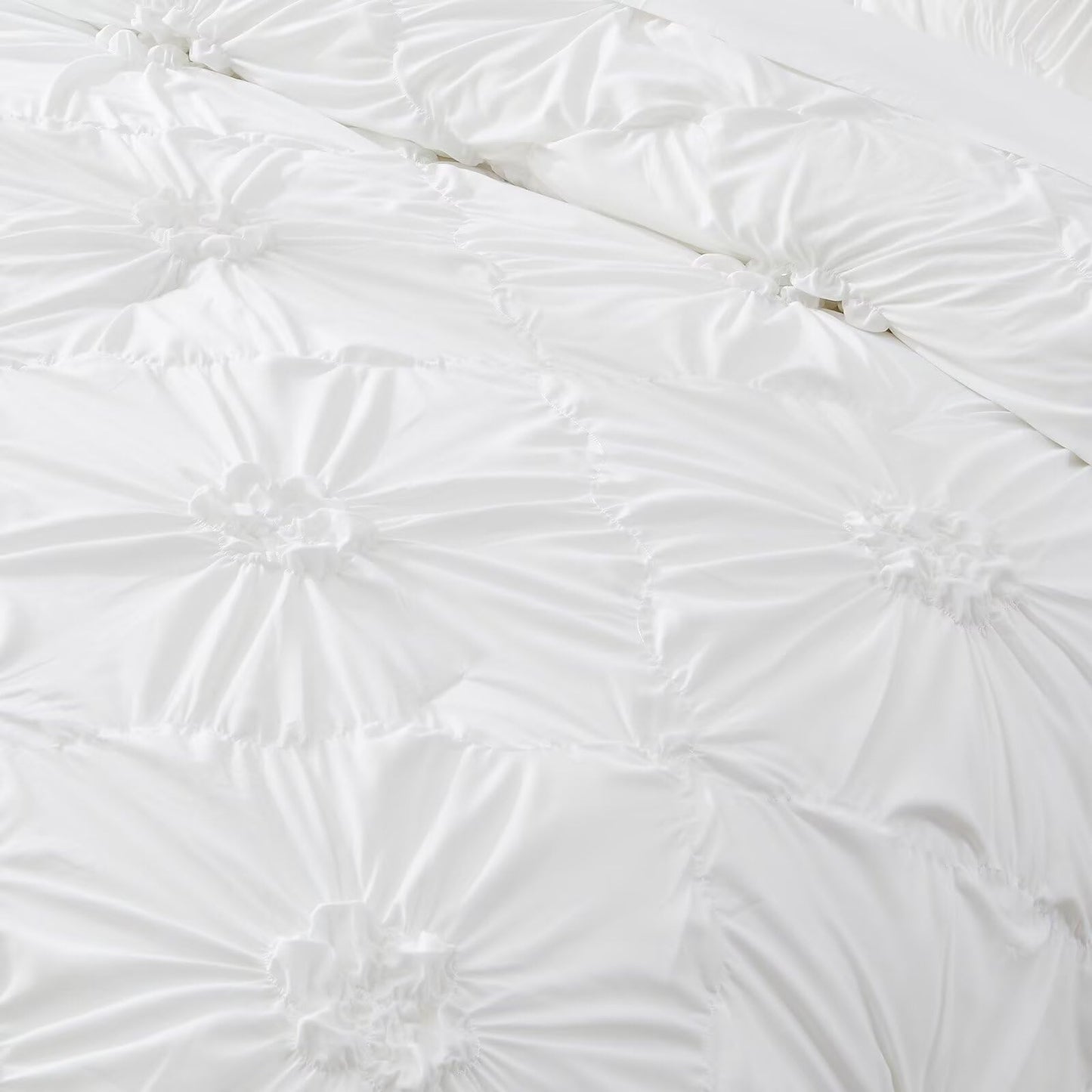 Jameswish White Comforter Set Queen Size Bed in A Bag 7 Piece Pinch Pleat Bedding Set,Pintuck Ruched Flowers Bed Set with Comforter, Sheets, Pillowcases & Shams