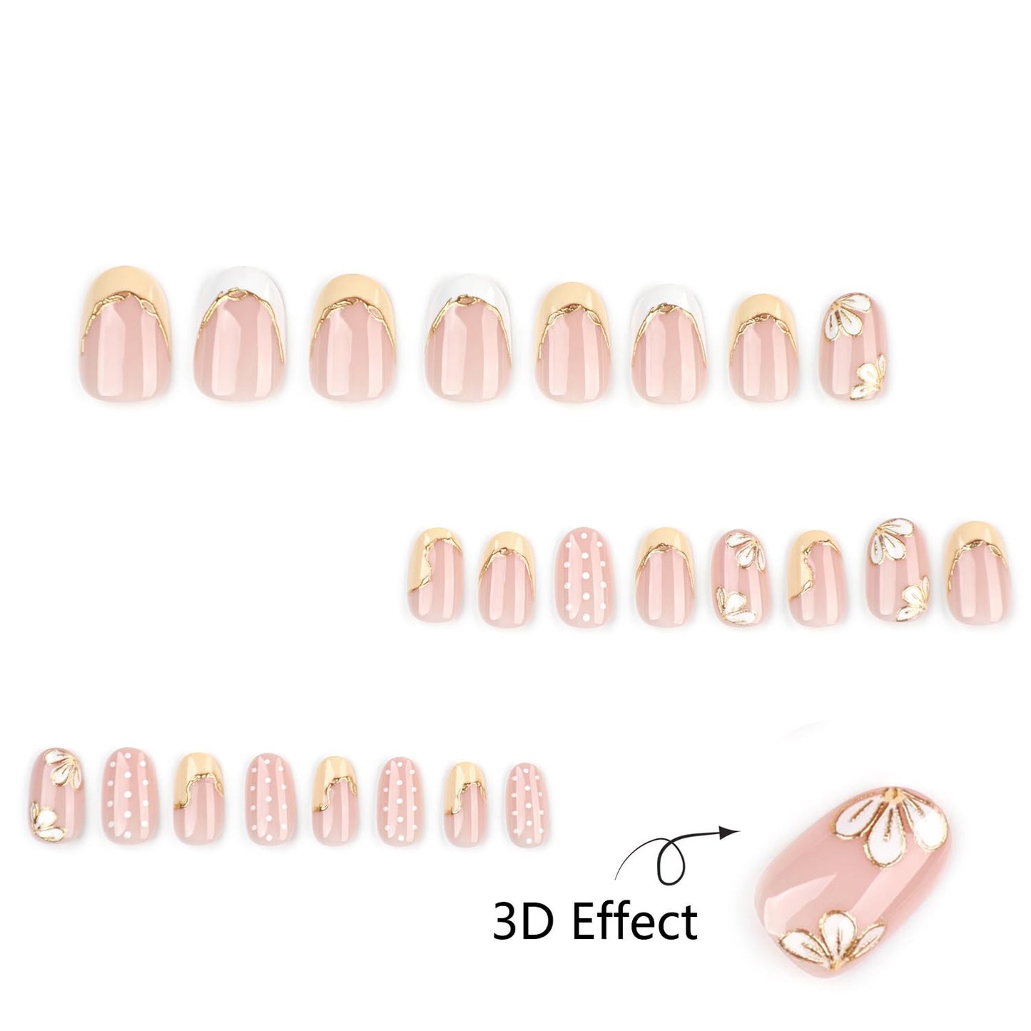 Short Oval Press On Nails Nude Pink, Yellow French Tip Fake Nails with Hand Painted Flower and Gold Outline, Cute Polka Dot Glossy Stick On Nails Reusable Full Cover False Nails for Women