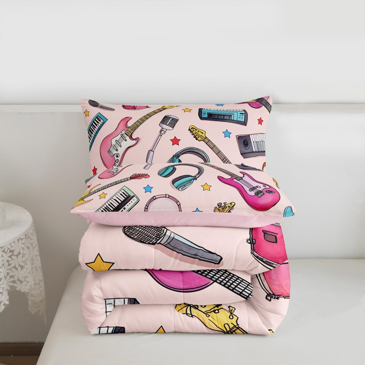 Erosebridal Rock Music Bedding Set Queen Musical Instruments Comforter Set for Kids Boys Girls Microphone Headphones Keyboard Down Comforter,Music Lovers Quilt Duvet