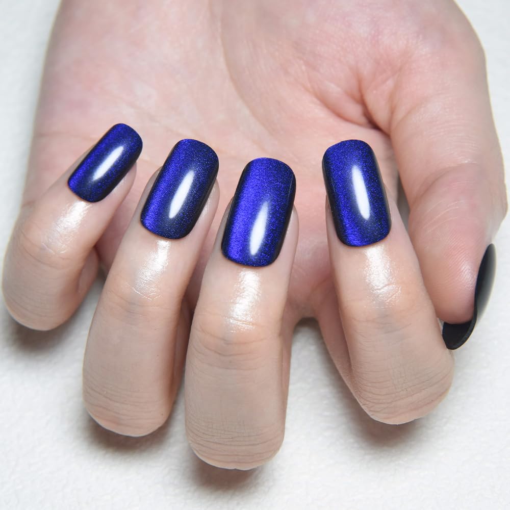 Royal Blue Cat Eye Press on Nails Medium Square, Medium Square Press Stick on Nails Chrome for Women Gift, Blue Holographic Glitter Glossy Reusable Soft Gel Acrylic Fake Nail with Cateye Effect Design