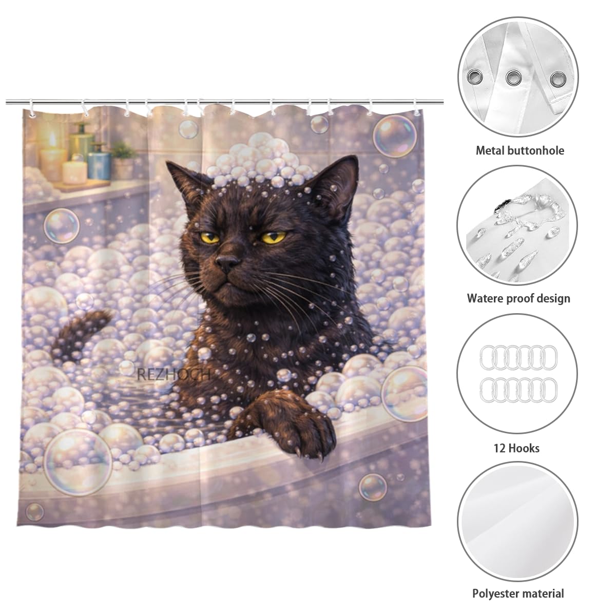 REZHOCH Funny Black Cat Shower Curtain 72x72 Inch,Cute Animal Bubble Bathroom Decor,Lovely Bathtub Waterproof Fabric Modern Art Humor Farmhouse Home Bath Set with 12 Hooks