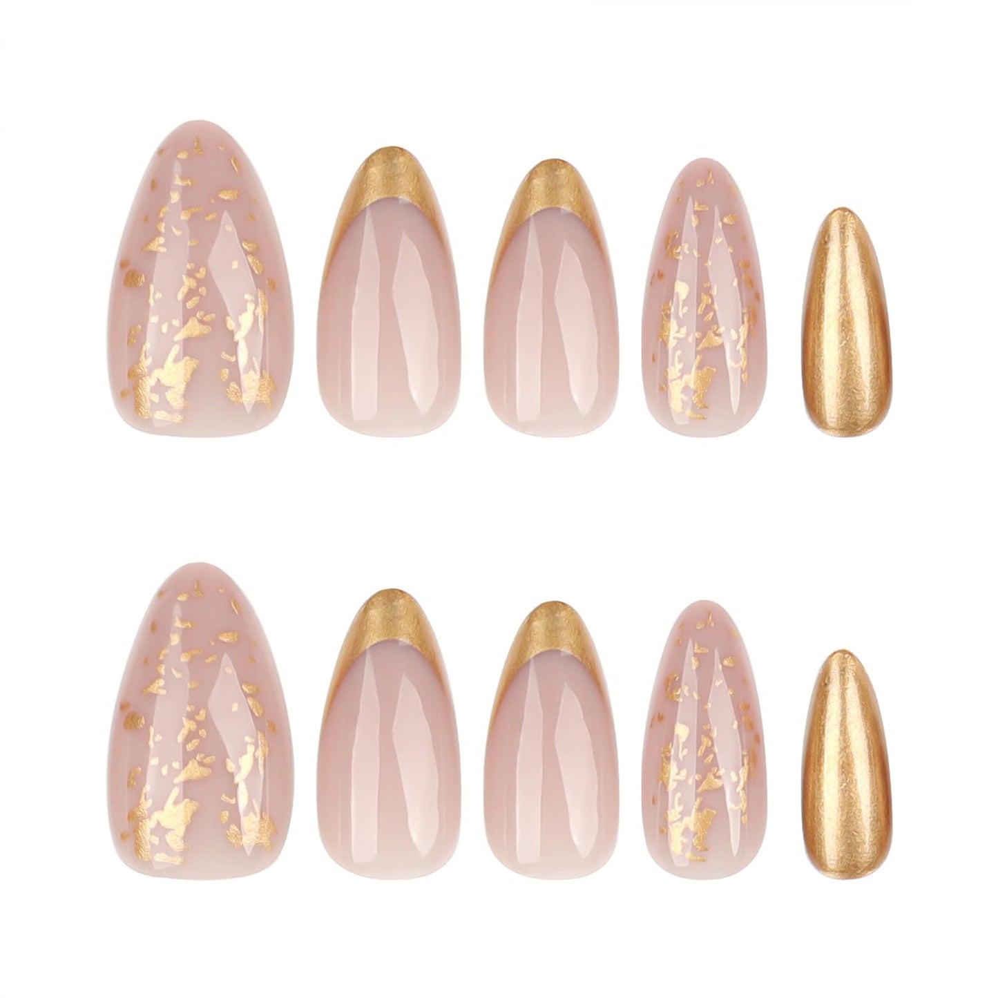 Gold Bow French Tip Press on Nails Medium Almond Fake Nails with Designs Glossy Full Cover Stick on False Nail Set for Women 24 Pcs