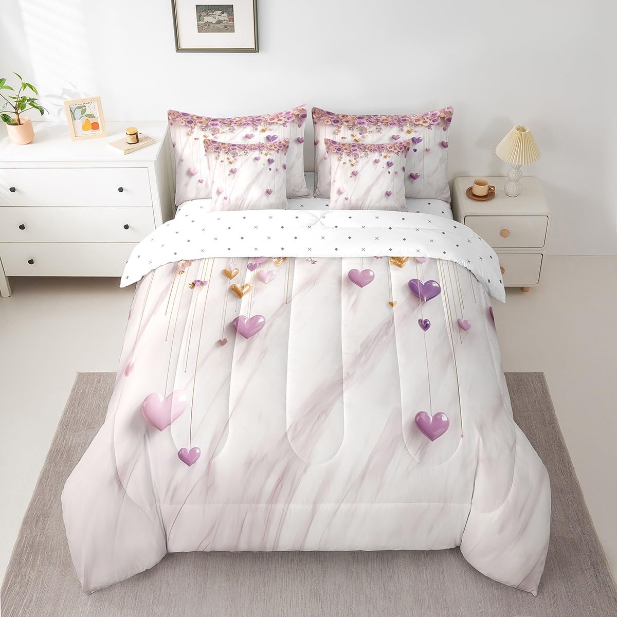 Erosebridal Valentines Day Queen Bed in a Bag 7 Piece - Romantic Purple Pink Rose Floral Comforter Set with Sheets for Kids Adults Couple Bedroom Decor Love Bedding Sets with Fitted + Flat Sheet