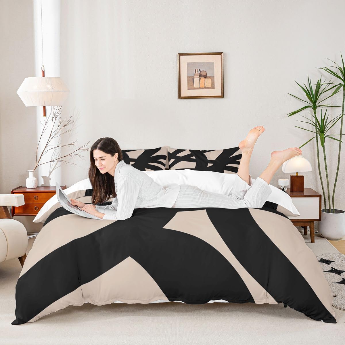 jejeloiu Black and Beige Bedding Set King Size Geometric Modern Comforter Cover Set for Kids Teens Adults Abstract Neutral Art Duvet Cover Abstarct Art Room Decorations 3Pcs with 2 Pillow Cases