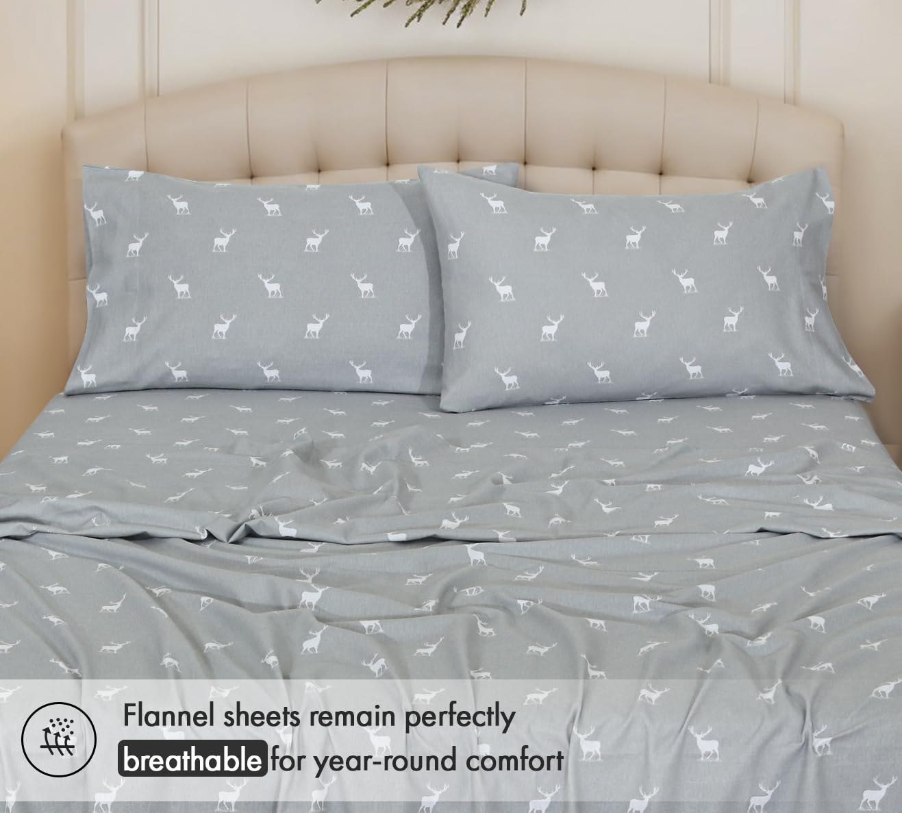 RUVANTI Flannel Sheets Queen Size - 100% Cotton Double Brushed Bed Sheets, Deep Pockets 16 Inches Queen Sheet Set, All Seasons Breathable & Extra Soft - Warm & Cozy, 4 Piece, Celestial Stag