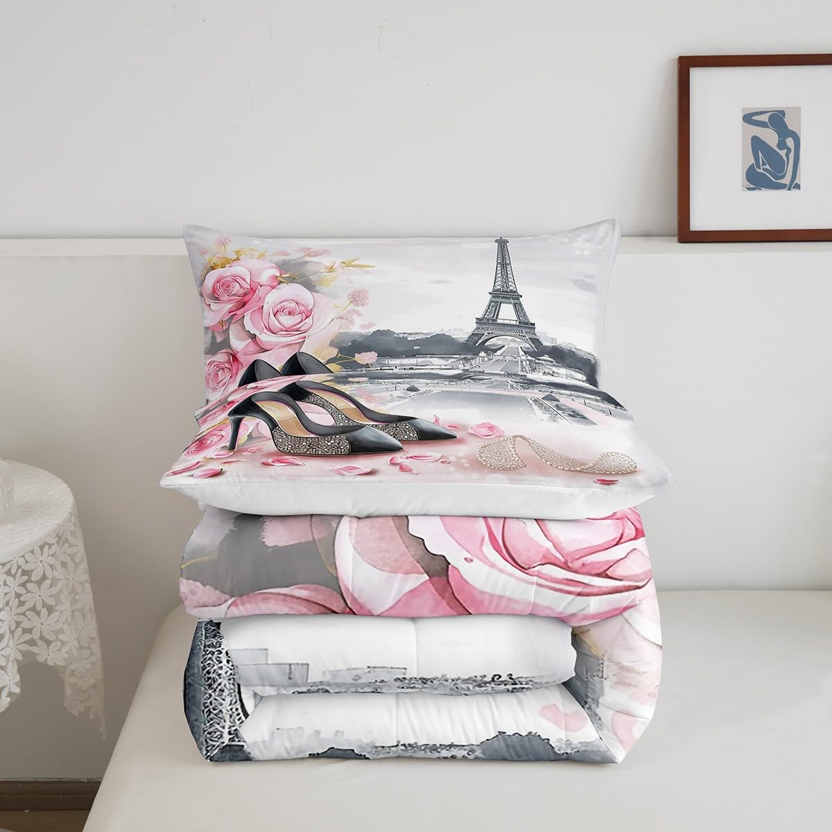 High-Heeled Shoes Princess Kids Comforter Set Queen Size,Roses Flowers Paris Eiffel Tower Bedding Set,Women Girls Room Decor,Glitter Diamond Romantic Down Comforter,Pink Duvet Insert,2 Pillowcases