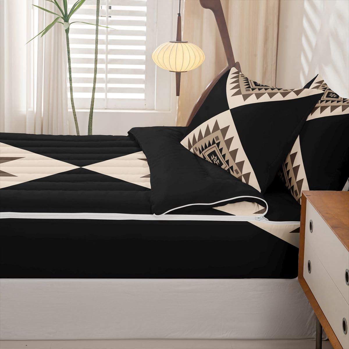 Erosebridal Black Beige Abstract Zipper Bedding Set Twin Modern Boho Western Aztec Zipper Comforter Set with Sheets Stripes Bed in a Bag Minimalist Stylish Art Southwestern Bed Sets with 2 Pillowcases