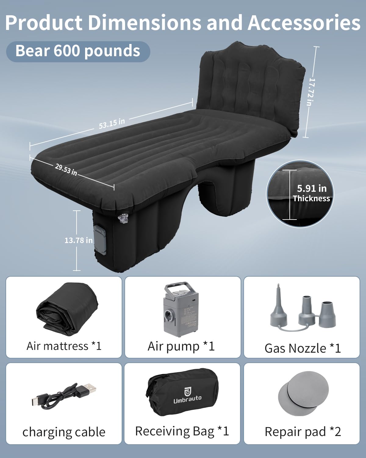Umbrauto Back Seat Car Air Mattress: Cordless Inflatable SUV Car Camping Bed for Truck Van with Built-in Air Pump, Thickened Double-Sided Flocking Travel Car Sleeping Pad