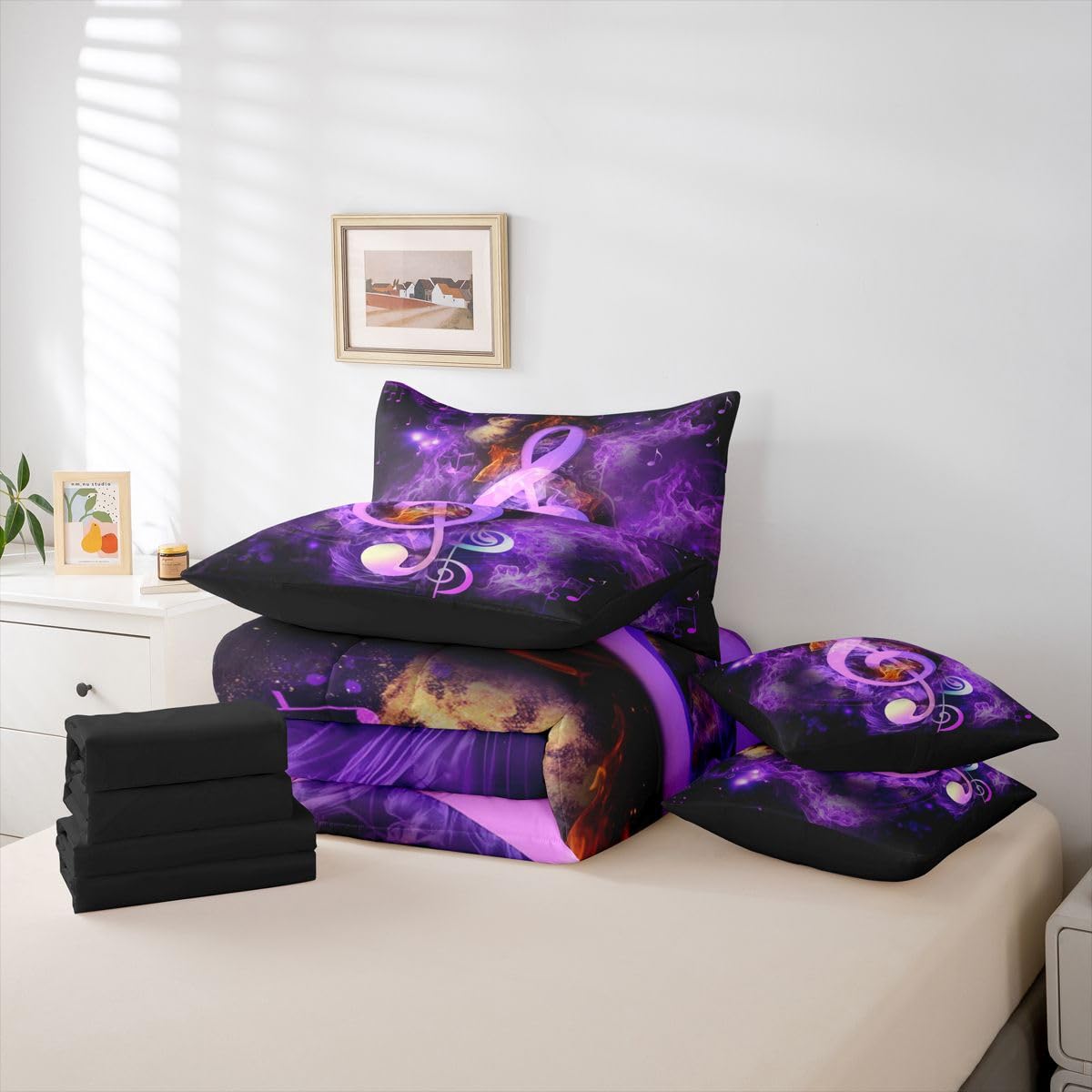 Erosebridal Musical Notes 7 Piece Comforter Set Full Bed in a Bag,Music Bedding Sets Watercolor Hippie Pop Sheet Set with Comforter
