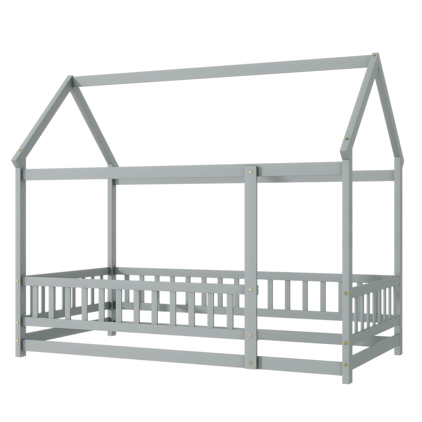 PVWIIK Twin Montessori Floor Bed with High Rails & Roof for Kids Bedroom,High Rails Bed Frame with Fence,No Box Spring Needed, Grey