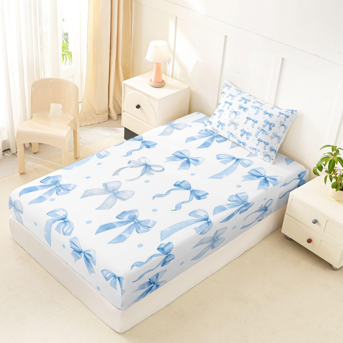 jejeloiu White Blue Bow Fitted Sheet Twin Size for Kids Boys Girls Dreamy Princess Bowknot Bed Sheets Set 16" Deep Pocket Kawaii Ribbon Bow Knot Bedding with 1 Pillowcase Room Decor