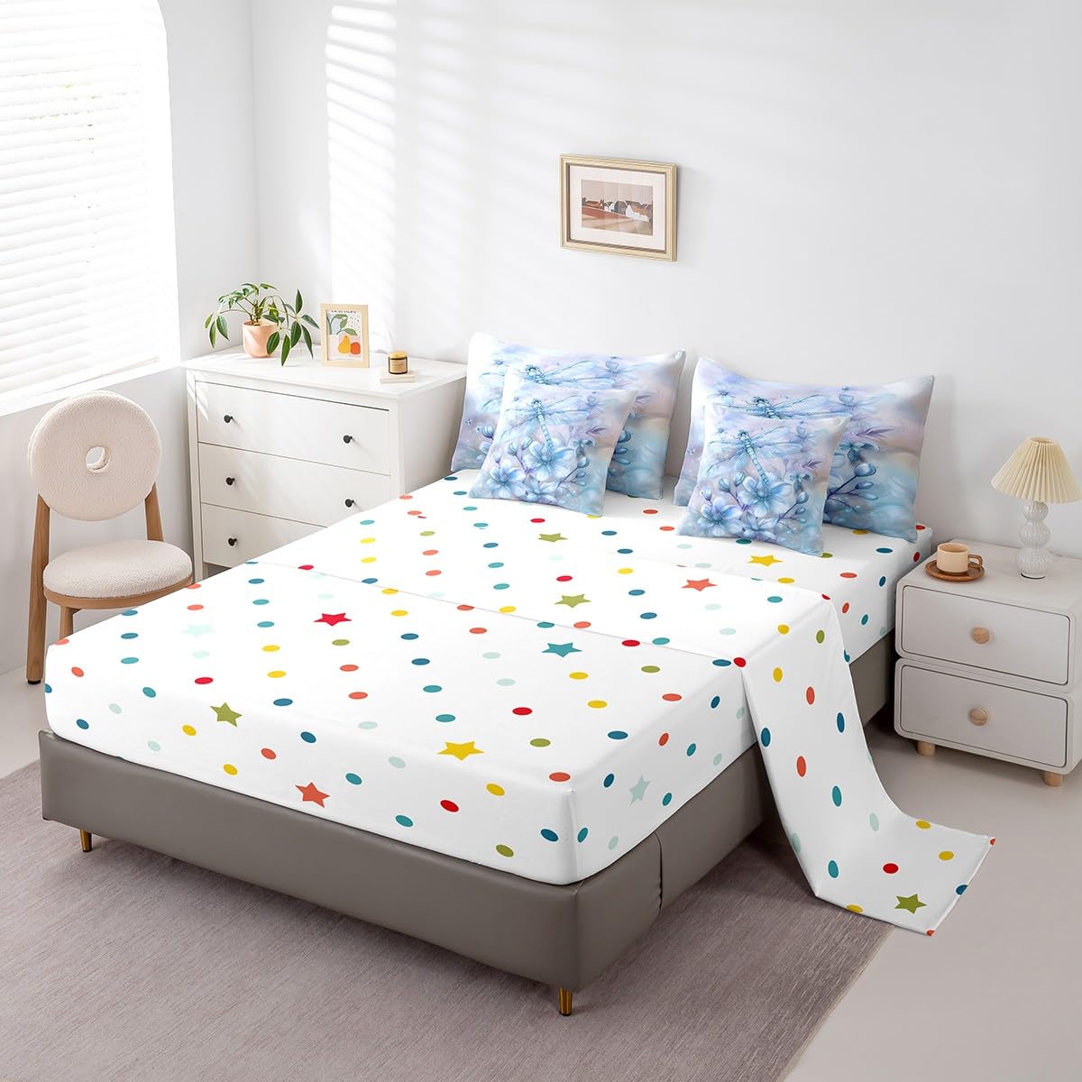 Erosebridal Blue Dragonfly Bedding Set 7Pcs,Water Lily Floral Comforter Set Queen for Kids Boys Girls Women,Dreamy Fairy Princess Style Quilt,Geometric Flying Wild Animal Bed in a Bag