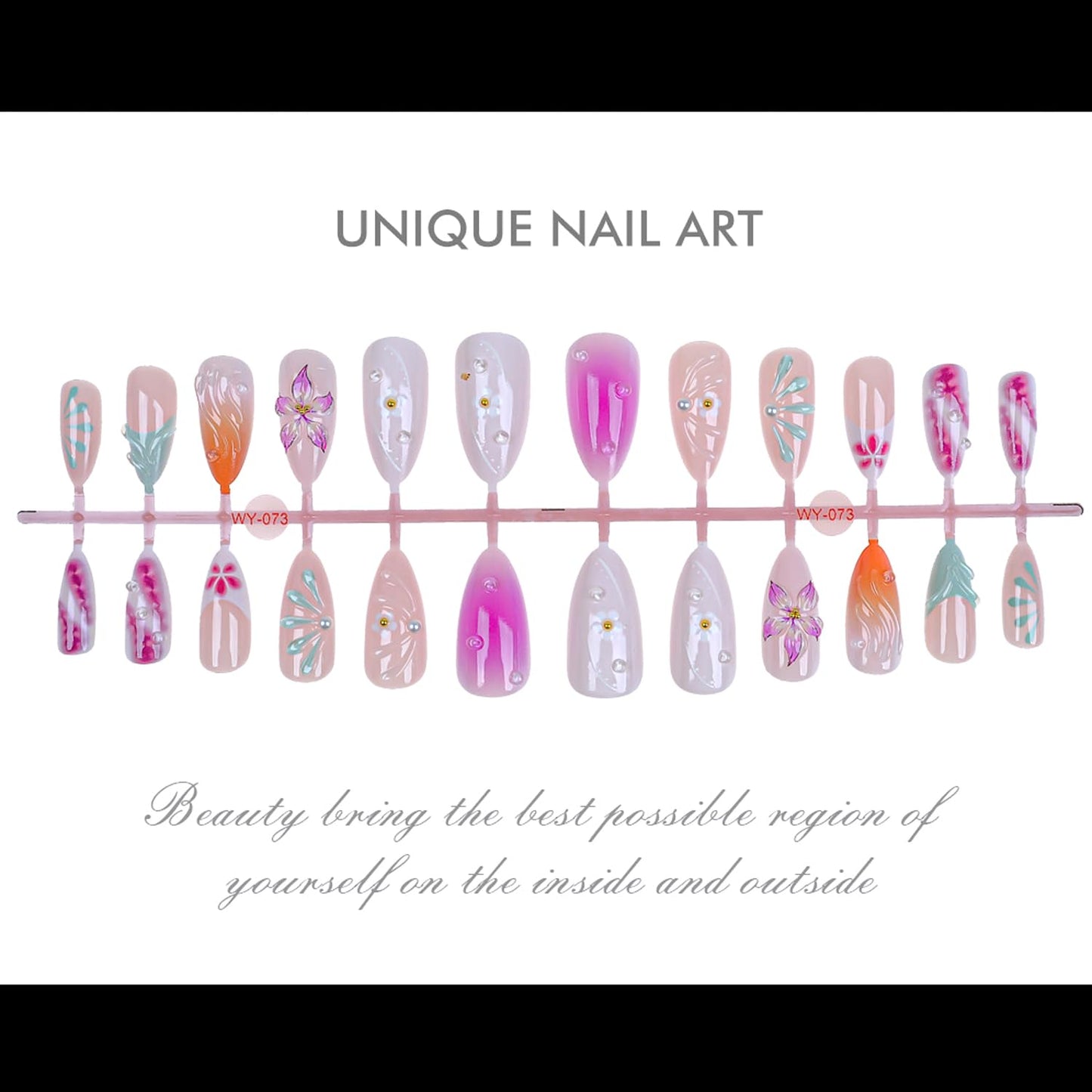 24Pcs Gradient Press on Nails Medium Almond Fake Nails with 3D Carved,Floral & Pearl Designs French Tip Cute Stick on Nails Pink False Nails Spring Summer DIY Nails for Women