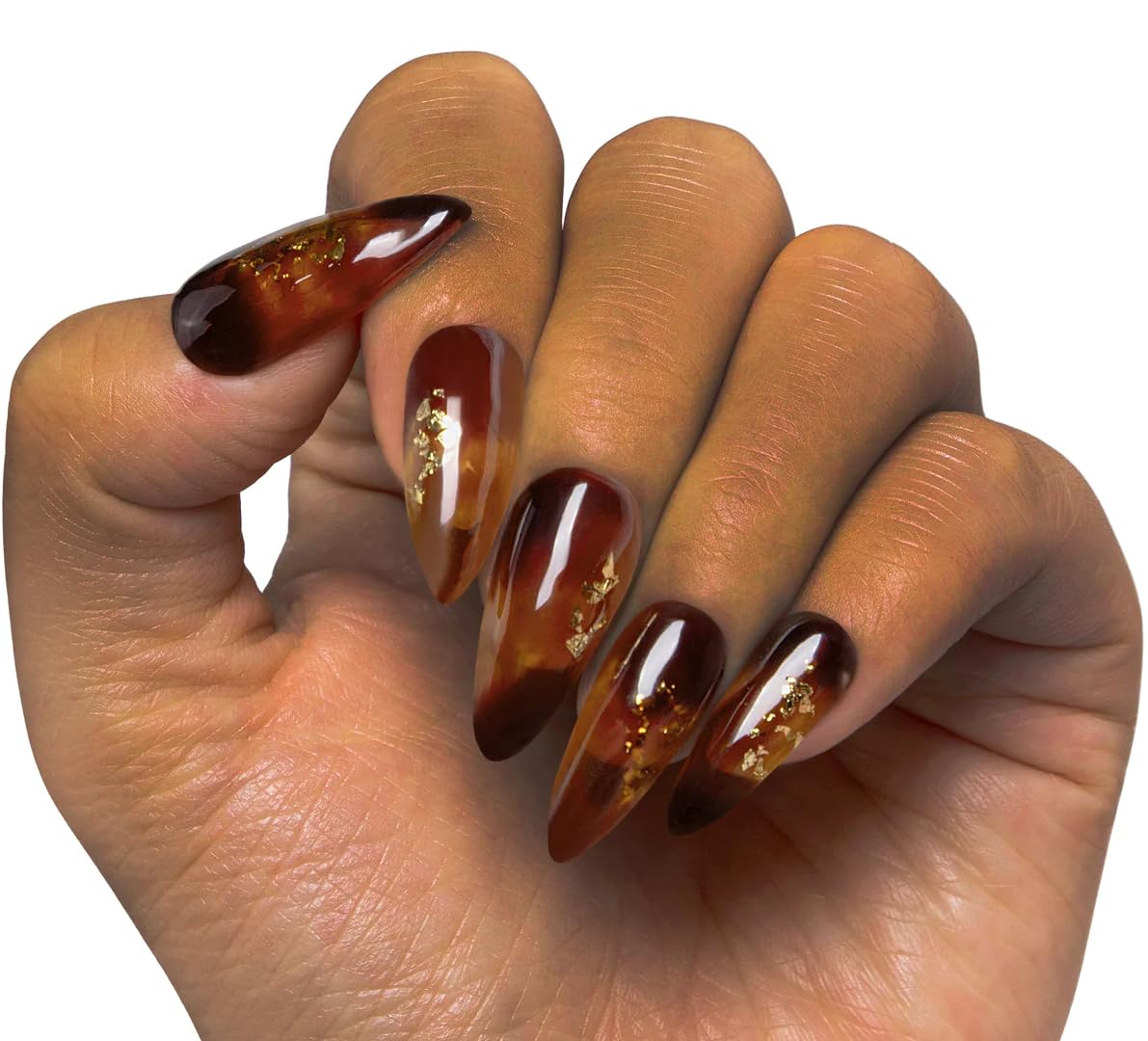 LOVFUL Press on Nails | Handmade with Full Covered Crystals | Reusable Fake Nails | Stiletto Regular 1.0 in| (Dark Cognac Gleam, M)