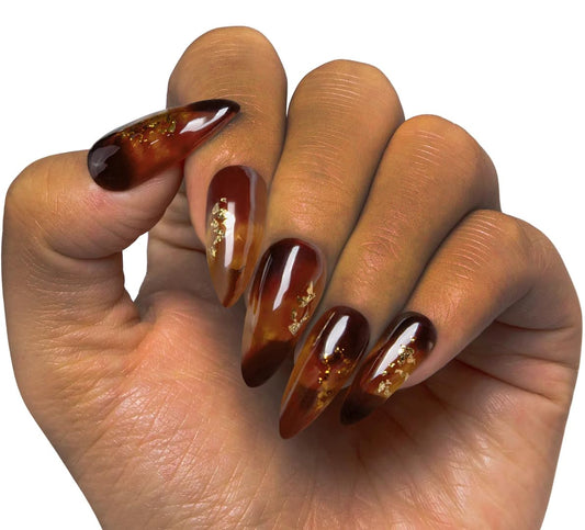 LOVFUL Press on Nails | Handmade with Full Covered Crystals | Reusable Fake Nails | Stiletto Regular 1.0 in| (Dark Cognac Gleam, M)