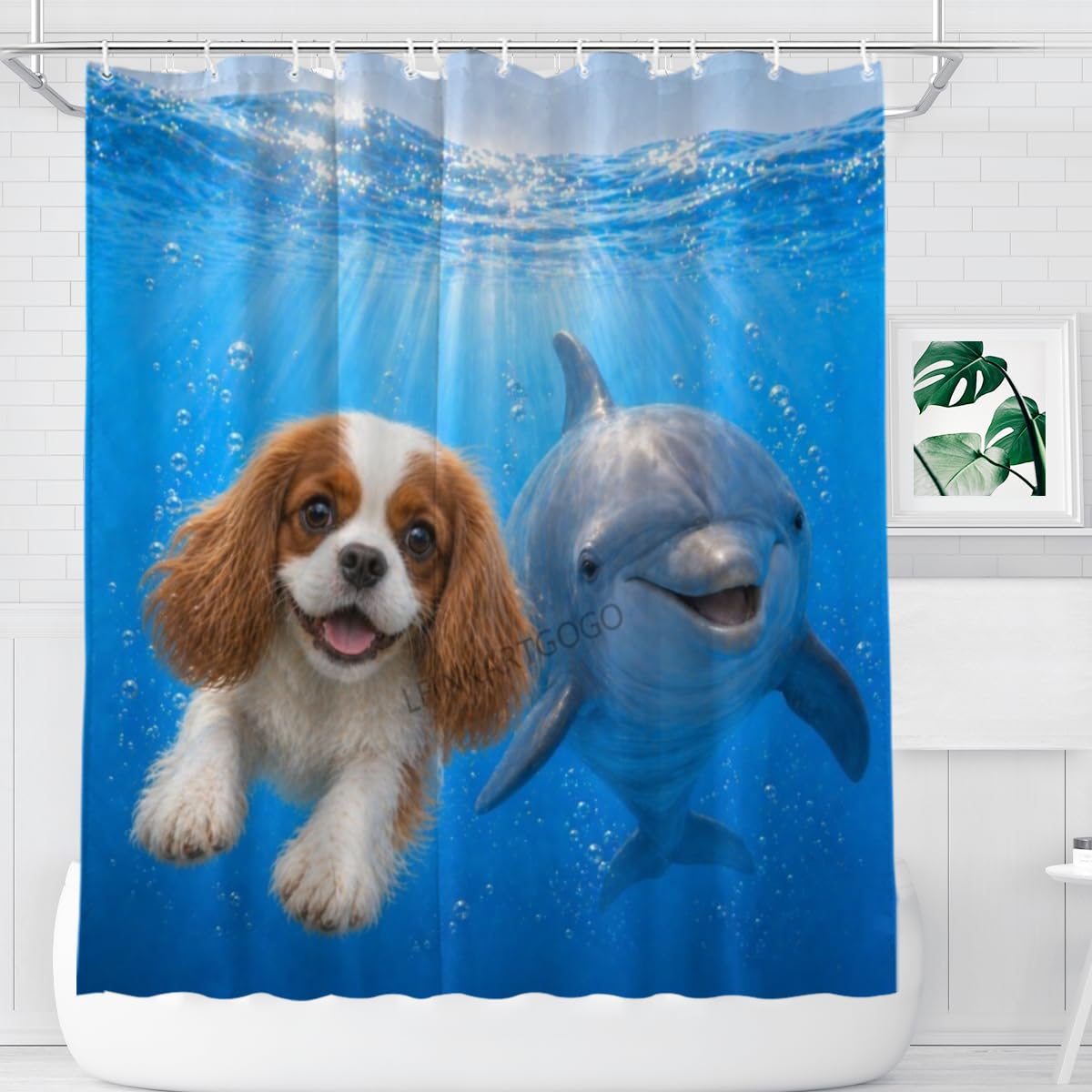 LFINKARTGOGO Ocean Cavalier King Charles Spaniel Shower Curtain 72x72 with 12 Hooks Underwater Animal Dolphin Waterproof Washable Polyester Bath Curtain for Home Hotel Decor