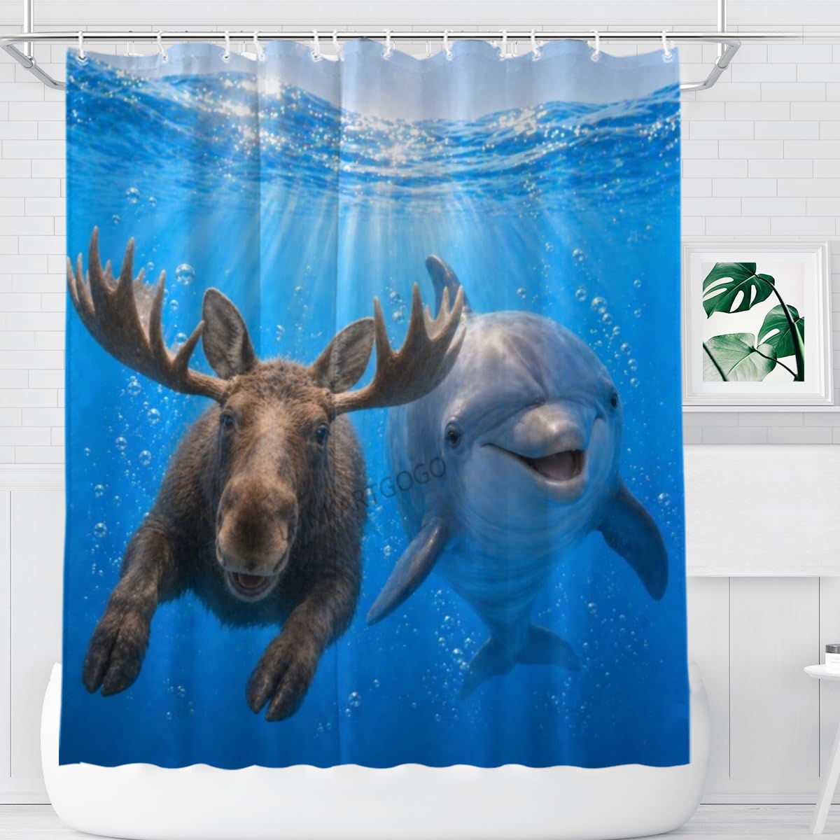 LFINKARTGOGO Ocean Moose Shower Curtain 72x72 with 12 Hooks Underwater Animal Dolphin Waterproof Washable Polyester Bath Curtain for Home Hotel Decor