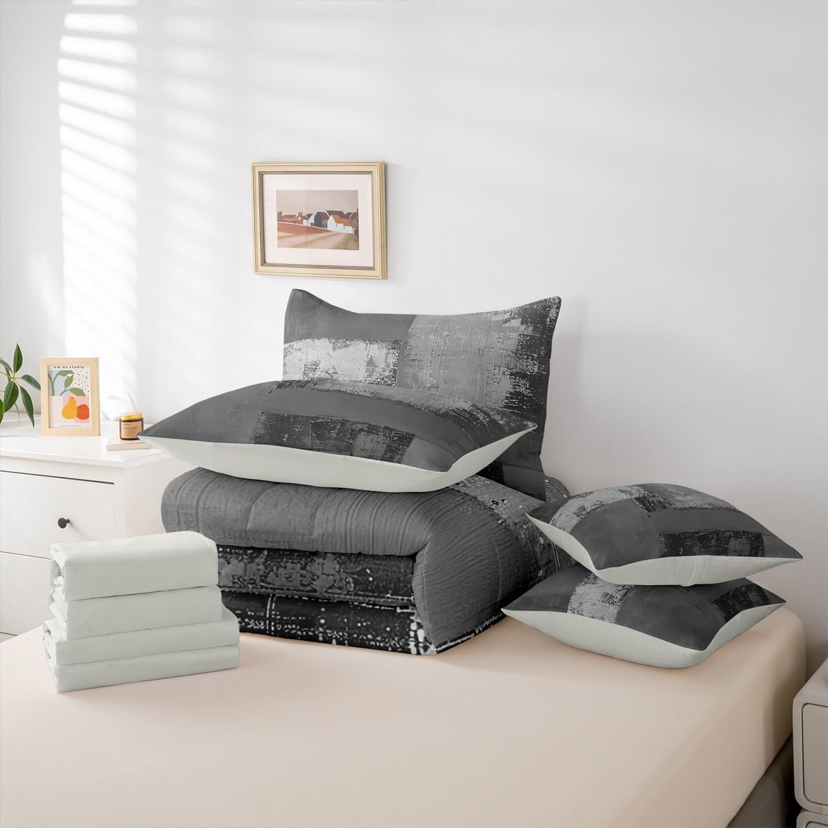 Feelyou Abstract Comforter Set with Sheets 7 Piece King Size Modern Abstract Art Bed in a Bag Kids Boys Girls Luxury Bedding Set Geometric Bedroom Decor Gray Breathable Soft Lightweight Microfiber
