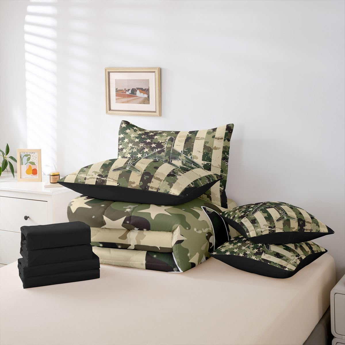 Erosebridal 7 Pcs Camo American Flag Comforter Set Twin Camouflage Military Aircraft Bedding Set for Boys Kids Teens Men Army Green Airplane Bed in A Bag with Sheets Vintage Patriotic Plane Bed Sets
