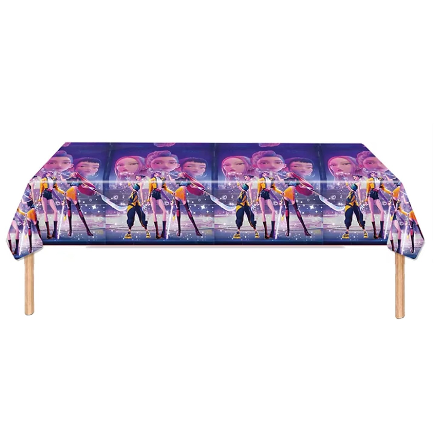 Luckyliz Demon Movie Hunters Table Cloths - 3 Korean Idol Singer Musical Table Cover Disposable Plastic Waterproof Tablecloths Purple Cartoon Party Supplies for Boys Girls Fans Concert Birthday Party
