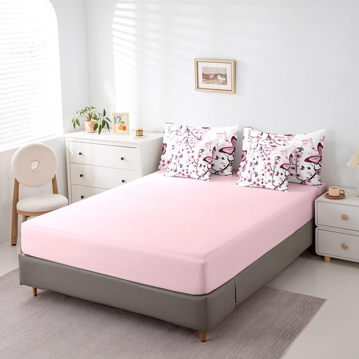 Erosebridal Cherry Blossom 7 Piece Comforter Set Queen Bed in a Bag,Spring Elegant Flowers Butterfly Bedding Set for Girls Women,Girly Japanese Style Quilt Duvet,Botanical Floral Bed Set,Pink Purple