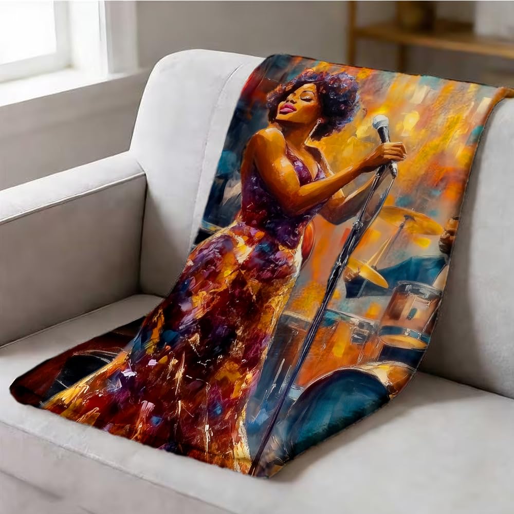 ZHOUSHUTONG African American Music Throw Blanket Black Music Print Super Soft Warm Cozy Flannel Blanket for Couch Bedroom Office Home Decor Gift for Music Lovers 49"x59"