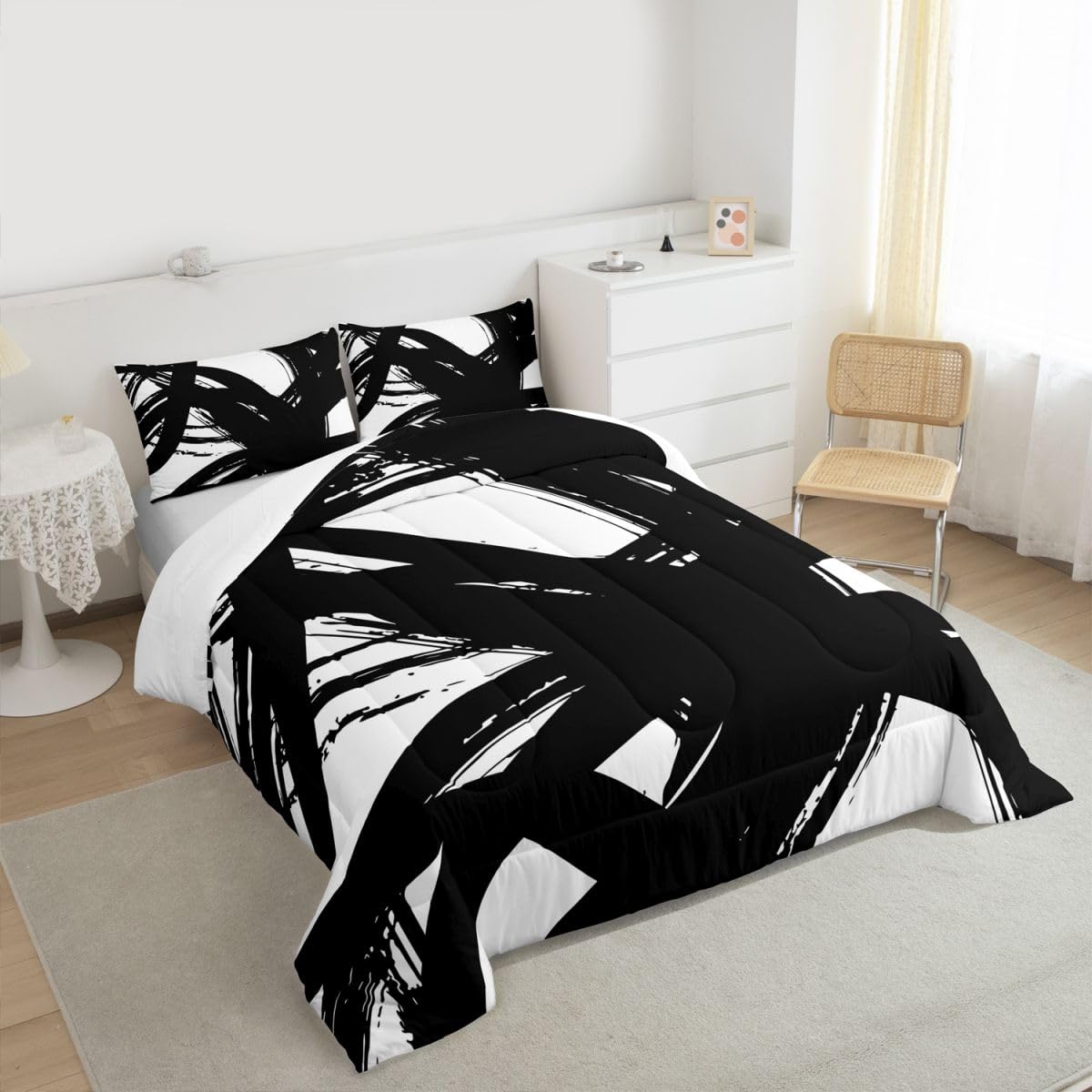 jejeloiu Black and White Comforter Set King Size， Abstarct Bedding Set for Kids Boys Girls Modern Stripe Neutral Art Duvet Quilt Bedroom Decor Microfiber 3 Pcs with 2 Pillow Cases