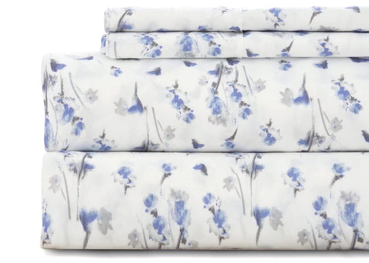 California King Sheet Set 4PC Printed Light Blue Flower Pattern Double Bed Luxury Cooling Soft 100% Microfiber Brushed Sheets 17” Deep Pocket, Easy Care, Breathable, Wrinkle Free, Machine Washable