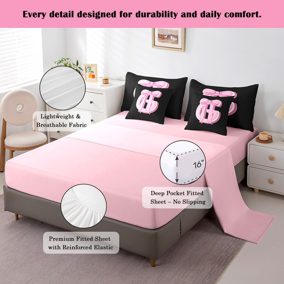 jejeloiu Kids Girls Black Pink Bow Comforter Set with Sheets Twin Size Monogrammed 7 Piece Bedding Set Personalized Initial G Bed in a Bag with Comforter,Sheets,Pillowcases Modern Fashion Bed Set