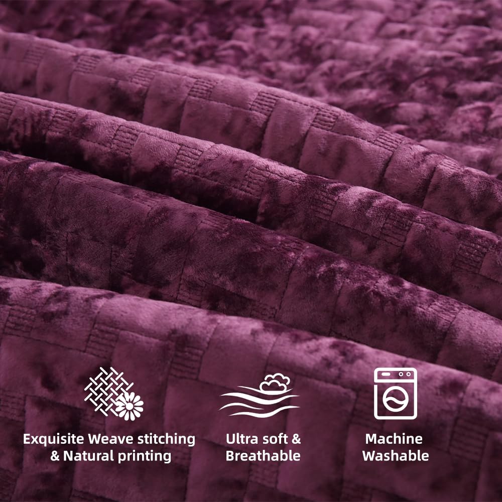 Liians Velvet Bedspread Quilt Bedding Sets,Luxury Elegant Ultra Soft Velvet Comforters Coverlet Blankets,Weave Stitching Pattern Cotton Quilted Bedspread for All Seasons，Purple,King Size