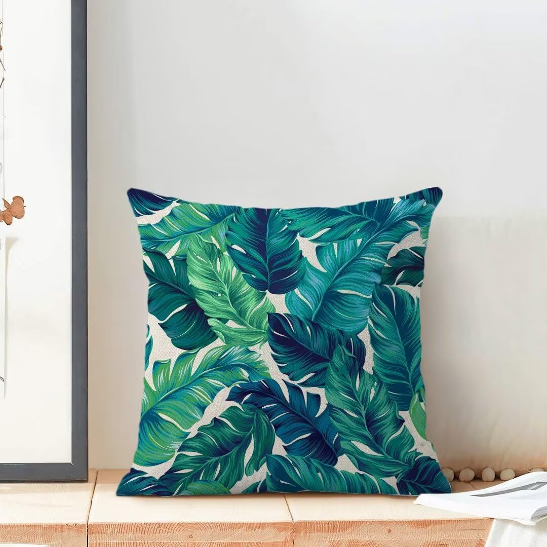 AEIOAE Summer Tropical Leaves Pillow Covers 20 X 20 Inch Set of 2, Green Palm Leaf Decorative Throw Pillow Covers Square Linen Botanical Plant Outdoor Cushion Covers for Couch Home Sofa Decor