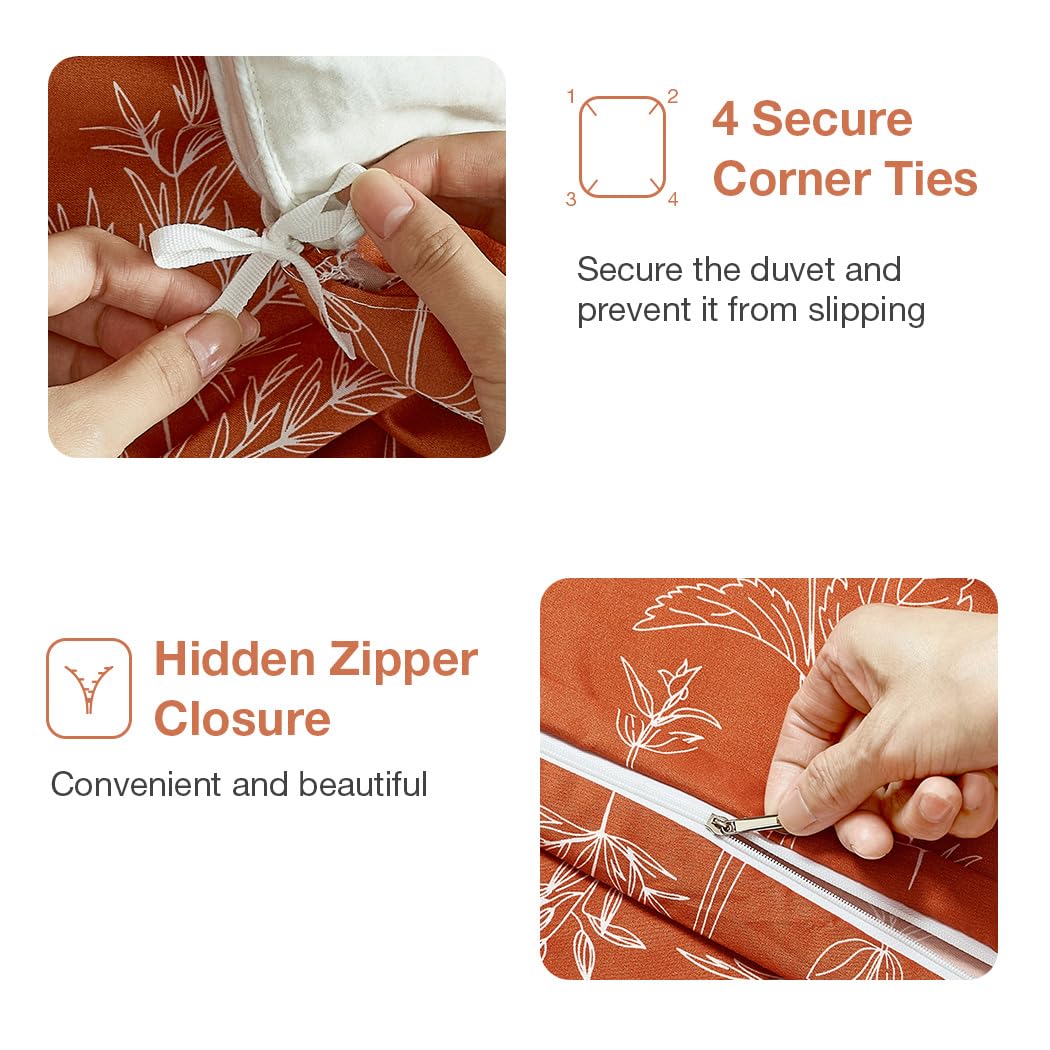 Lekesky Floral Duvet Cover Queen Size, Burnt Orange Queen Duvet Cover Plant Flowers Pattern Bedding Set for All Season, Soft Breathable Duvet Cover with Zipper Closure & Corner Ties