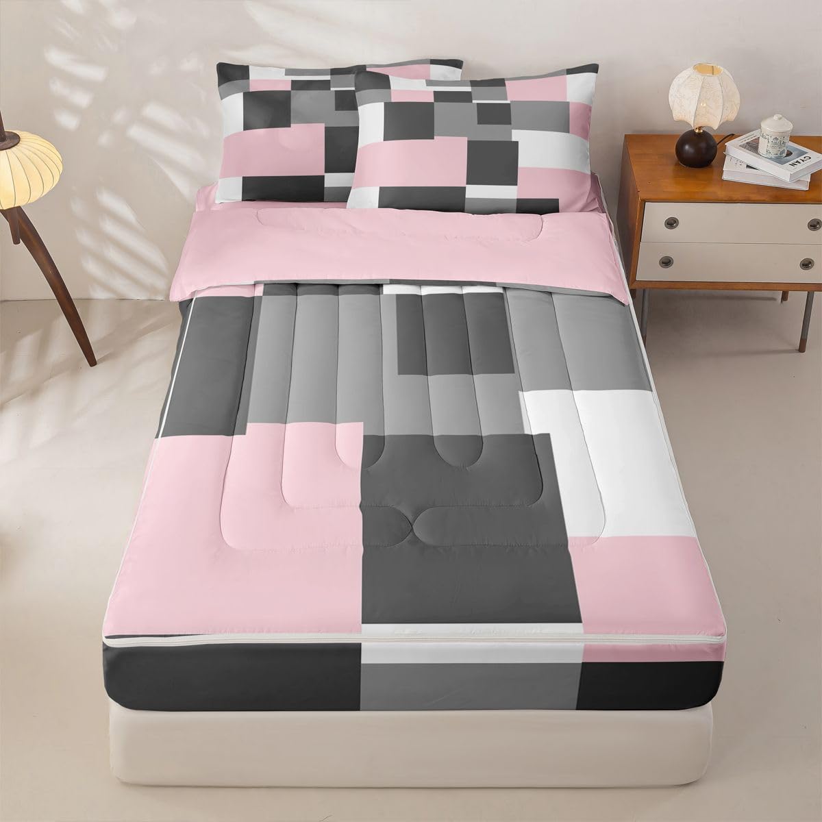 jejeloiu Abstract Zipper Bedding Twin Pink Bedding Sets for Kids Boys Girls Modern Art Comforter Set with Fitted Sheet 2 Pillowcases One Zipper Bed Set for All Seasons