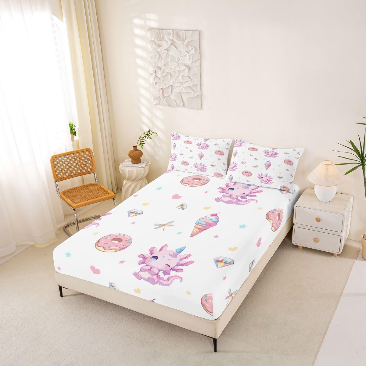 Castle Fairy Cartoon Dinosaur Fitted Sheet Queen Size (No Flat),Donut Ice Cream Bedding Sets 3Pcs,Girls Boys Adult Room Decor,Love Heart Bed Cover Diamond Dragonfly Deep Pocket Sheet,2 Pillowcases
