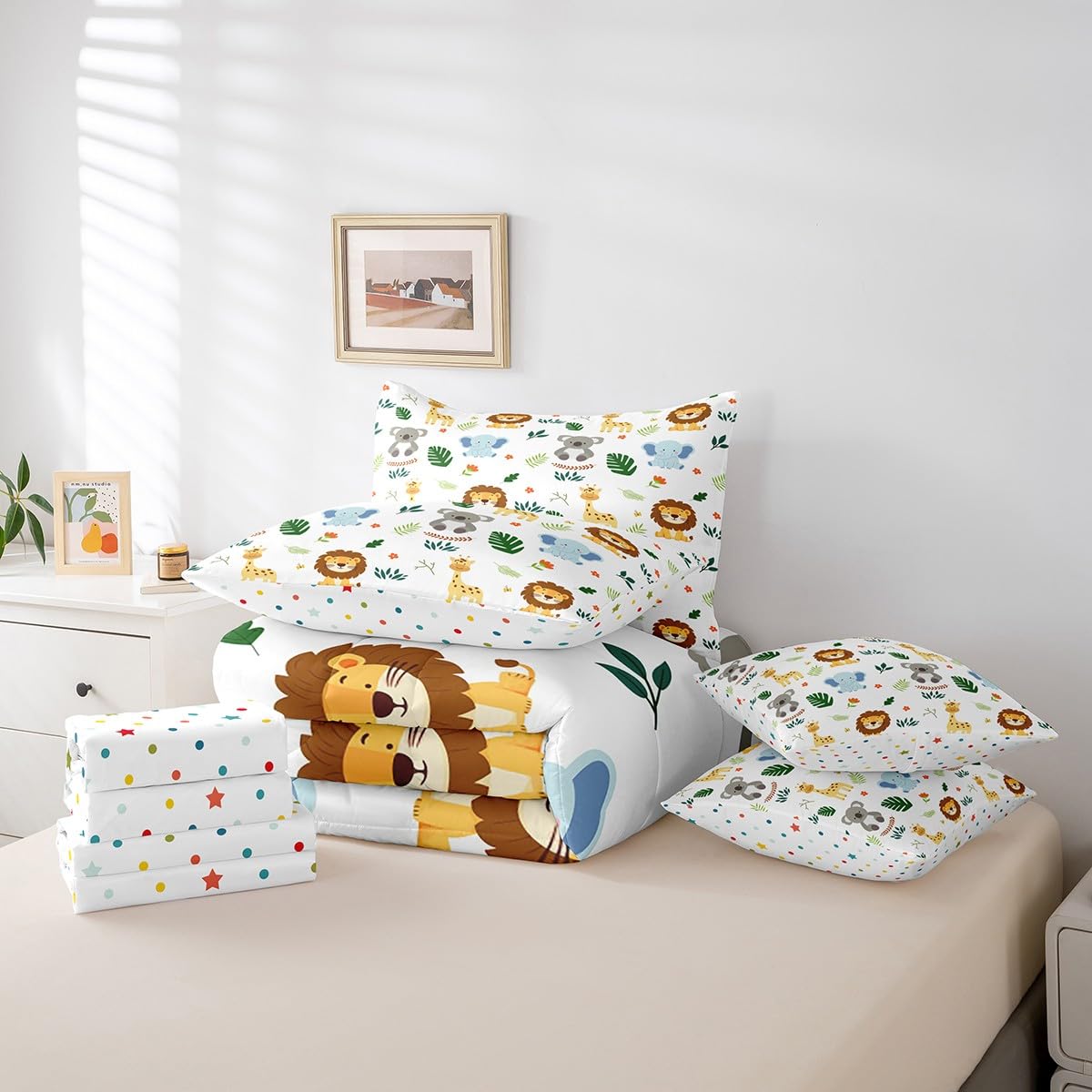 Erosebridal Nursery Cute Jungle Animal Kids Twin Size Comforter Set with Sheets | Safari Elephant Giraffe 7-Piece Bedding Set Koala Lion Bed in a Bag Palm Leaves Flowers Zoo Animal Bed Quilt Sets