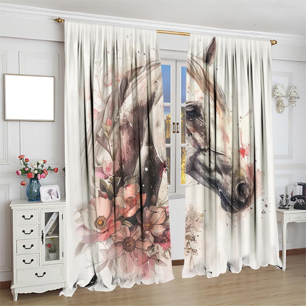 SOPIYRIO Retro Floral Horse Blackout Window Curtains Beautiful Flower Abstract Animal Rod Pocket Curtains for Bedroom Thermal Insulating Drapes for Living Room 2 Panels 21 W x 45 L inch