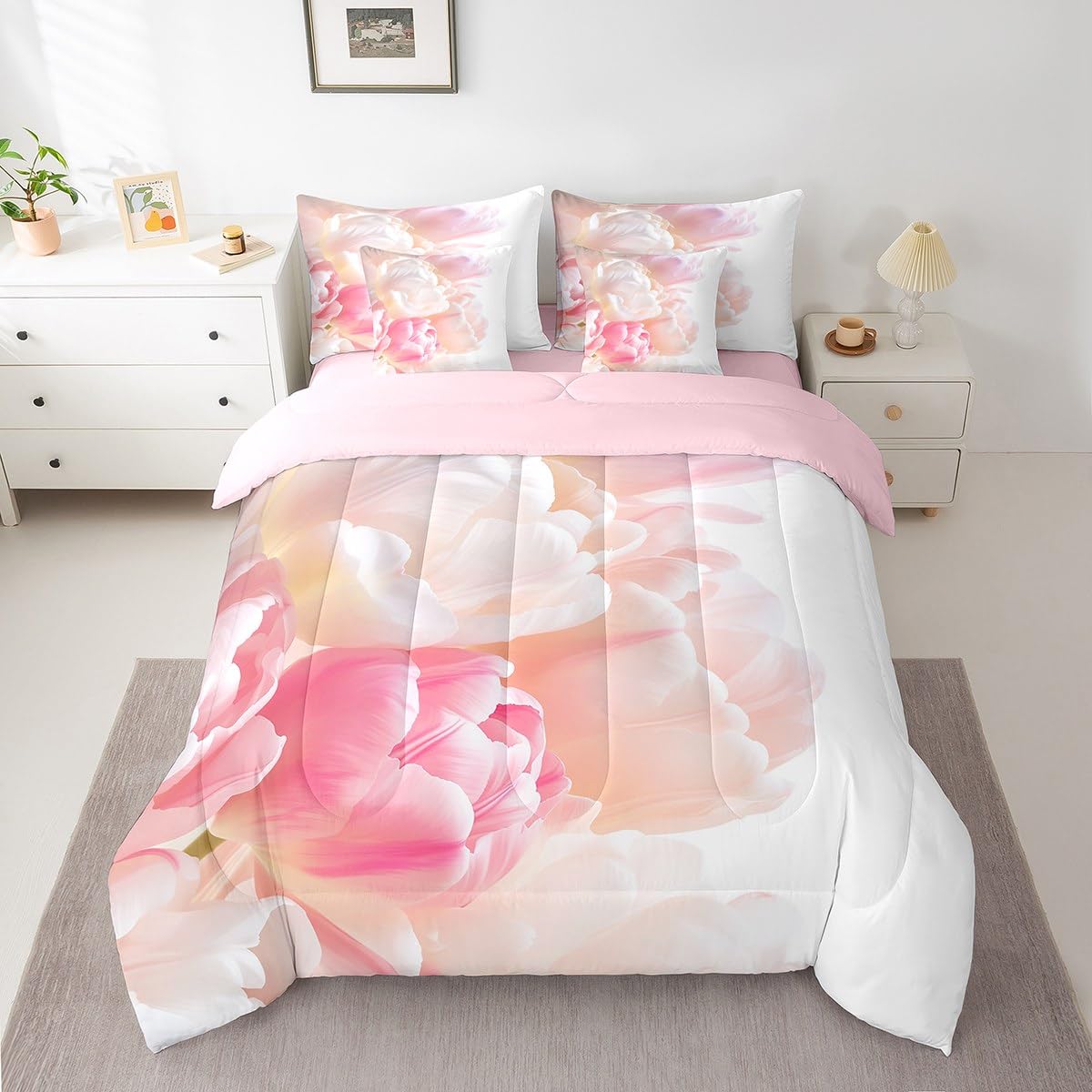 Erosebridal Pink Dreamy Princess Girls Bedding Set Romantic Pastel Tulip Kids Twin Comforter Set 7 Piece Spring Botanical Flowers Bed in A Bag Luxury Garden Floral Plants Bed Set