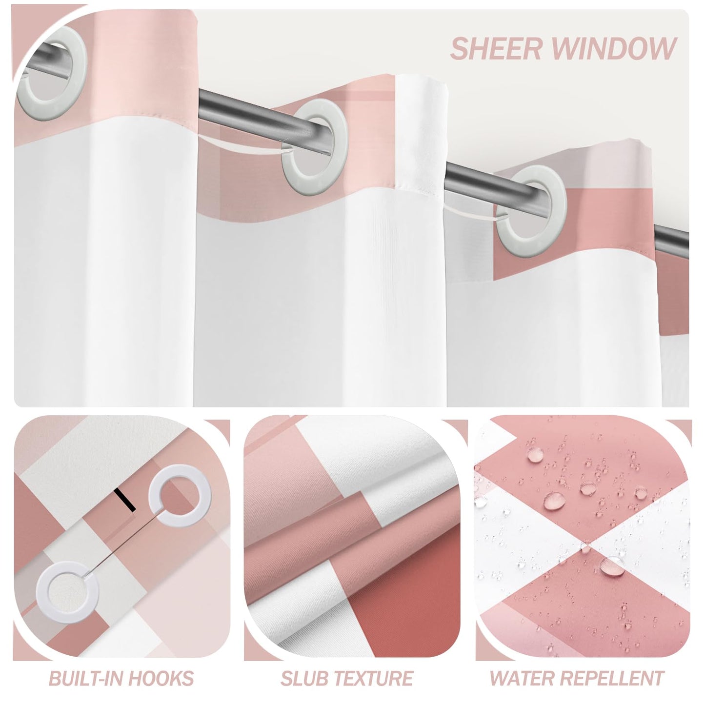 Pink Hookless Shower Curtain Set with Snap in Liner, Pink White Bathroom Decor, 71x74 Inches, Geometric Bathroom Curtain with Liner and See Through Top Window