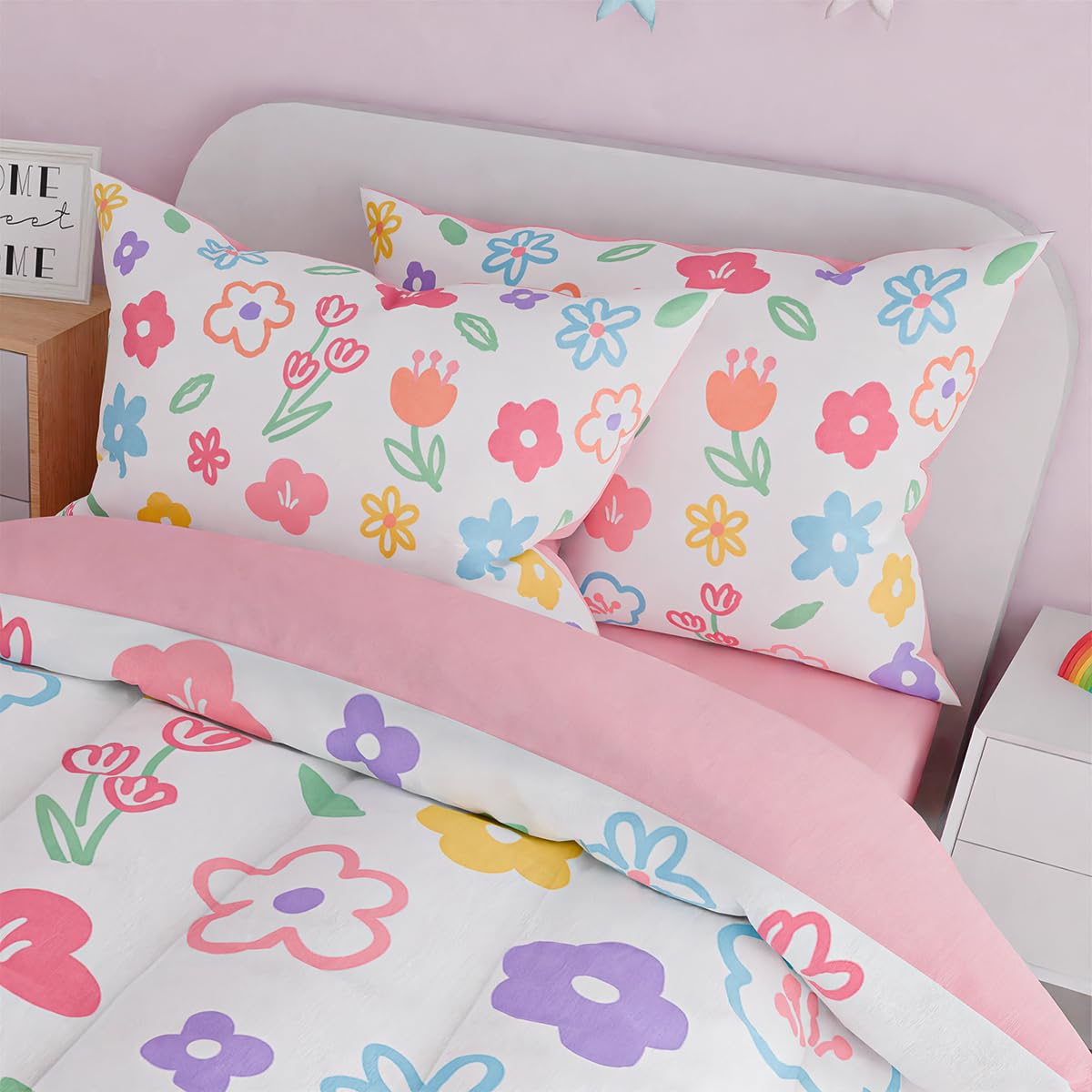SANDJEST Floral Twin Bedding Sets for Girl, Ultra Soft Microfiber Comforter Bed Set with 3-Pieces, Flower Comforters Sets for Kids Children Girl Teen Tween Bedroom Decor