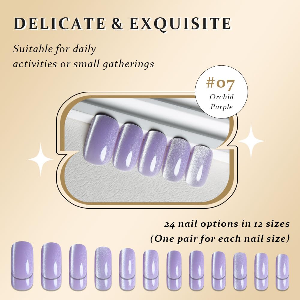 Orchid Purple Cat Eye Press on Nails Medium Square, Medium Square Press Stick on Nails Chrome for Women Gift, Orchid Holographic Glitter Glossy Reusable Acrylic Fake Nail with Cateye Effect Designs